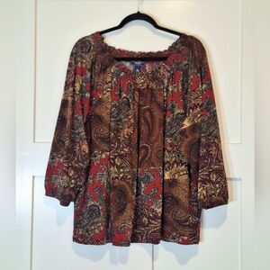 Chaps Denim Cotton Stretchy Paisley Peasant Boho Blouse Size 3X Red Brown Soft